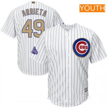 Youth Chicago Cubs #49 Jake Arrieta White World Series Champions Gold Stitched MLB Majestic 2017 Cool Base Jersey