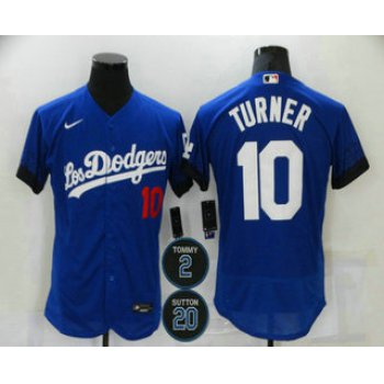 Men's Los Angeles Dodgers #10 Justin Turner Blue #2 #20 Patch City Connect Flex Base Stitched Jersey
