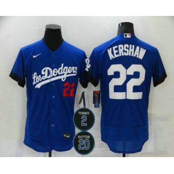 Men's Los Angeles Dodgers #22 Clayton Kershaw Blue #2 #20 Patch City Connect Flex Base Stitched Jersey