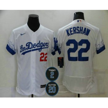 Men's Los Angeles Dodgers #22 Clayton Kershaw White #2 #20 Patch City Connect Flex Base Stitched Jersey