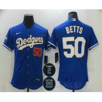 Men's Los Angeles Dodgers #50 Mookie Betts Blue Gold #2 #20 Patch Stitched MLB Flex Base Nike Jersey