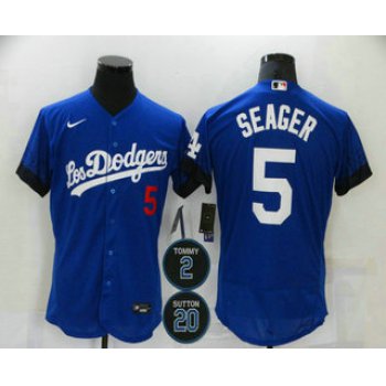 Men's Los Angeles Dodgers #5 Corey Seager Blue #2 #20 Patch City Connect Flex Base Stitched Jersey