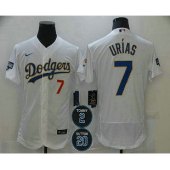 Men's Los Angeles Dodgers #7 Julio Urias White Gold #2 #20 Patch Stitched MLB Flex Base Nike Jersey