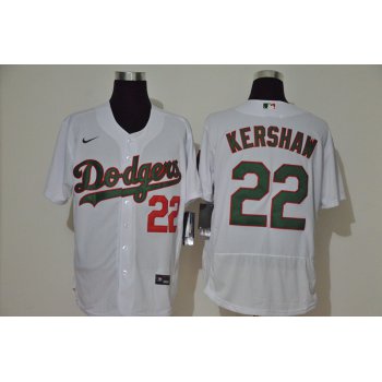 Men's Los Angeles Dodgers #22 Clayton Kershaw White With Green Name Stitched MLB Flex Base Nike Jersey