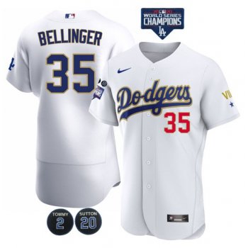 Men's Los Angeles Dodgers #35 Cody Bellinger White Gold Championship Flex Base Sttiched MLB Jersey