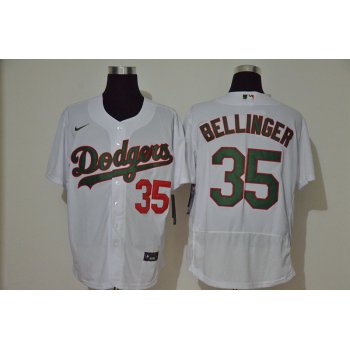 Men's Los Angeles Dodgers #35 Cody Bellinger White With Green Name Stitched MLB Flex Base Nike Jersey
