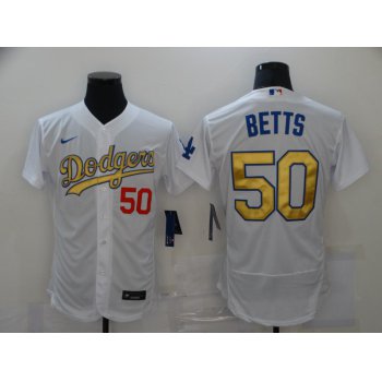 Men's Los Angeles Dodgers #50 Mookie Betts White Gold Sttiched Nike MLB Flex Base Jersey