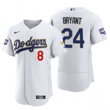 Men's Los Angeles Dodgers Front #8 Back #24 Kobe Bryant White Gold Championship Sttiched MLB Jersey