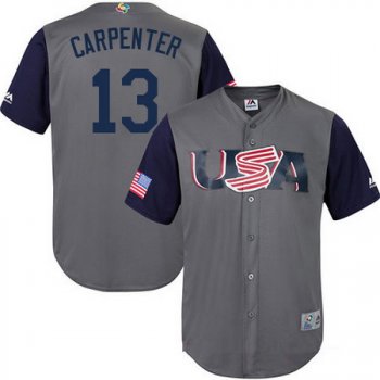 Men's Team USA Baseball Majestic #13 Matt Carpenter Gray 2017 World Baseball Classic Stitched Replica Jersey