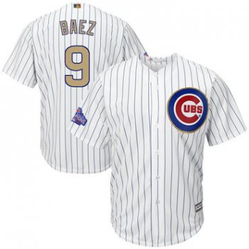 Men's Chicago Cubs #9 Javier Baez White World Series Champions Gold Stitched MLB Majestic 2017 Cool Base Jersey