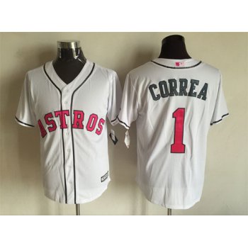 Men's Houston Astros #1 Carlos Correa White With Pink 2016 Mother's Day Baseball Cool Base Jersey
