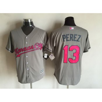 Men's Kansas City Royals #13 Salvador Perez Gray With Pink 2016 Mother's Day Baseball Cool Base Jersey