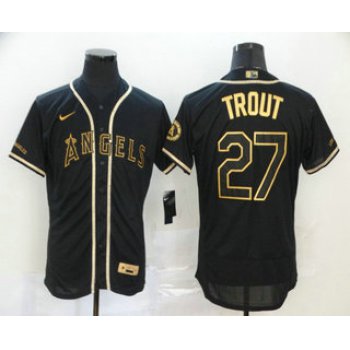 Men's Los Angeles Angels #27 Mike Trout Black With Gold Stitched MLB Flex Base Nike Jersey