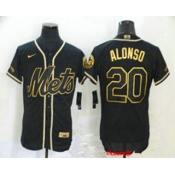 Men's New York Mets #20 Pete Alonso Black With Gold Stitched MLB Flex Base Nike Jersey