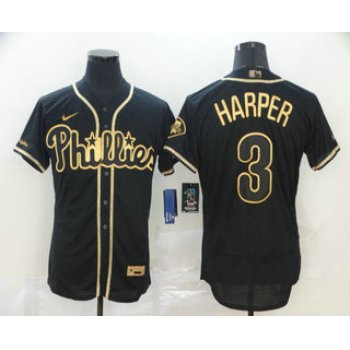 Men's Philadelphia Phillies #3 Bryce Harper Black Golden Stitched MLB Flex Base Nike Jersey