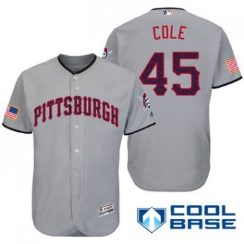 Men's Pittsburgh Pirates #45 Gerrit Cole Gray Stars & Stripes Fashion Independence Day Stitched MLB Majestic Cool Base Jersey