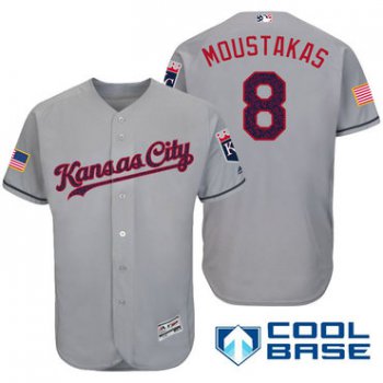 Men's Kansas City Royals #8 Mike Moustakas Gray Stars & Stripes Fashion Independence Day Stitched MLB Majestic Cool Base Jersey