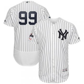 New York Yankees #99 Aaron Judge Majestic 2019 Postseason Authentic Flex Base Player White Navy Jersey
