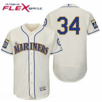 Men's Seattle Mariners #34 Felix Hernandez Cream 40TH Patch Stitched MLB Majestic Flex Base Jersey