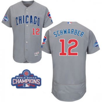 Men's Chicago Cubs #12 Kyle Schwarber Gray Road Majestic Flex Base 2016 World Series Champions Patch Jersey