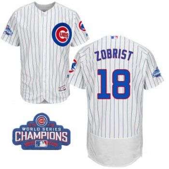 Men's Chicago Cubs #18 Ben Zobrist White Home Majestic Flex Base 2016 World Series Champions Patch Jersey