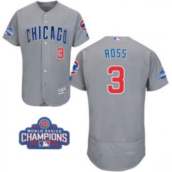 Men's Chicago Cubs #3 David Ross Gray Road Majestic Flex Base 2016 World Series Champions Patch Jersey