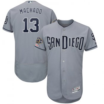 Men's San Diego Padres 13 Manny Machado Gray 50th Anniversary and 150th Patch FlexBase Jersey