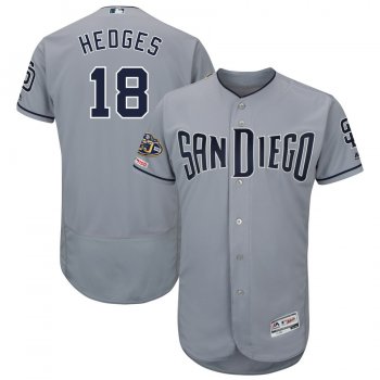 Men's San Diego Padres 18 Austin Hedges Gray 50th Anniversary and 150th Patch FlexBase Jersey