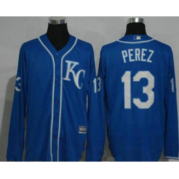 Men's Kansas City Royals #13 Salvador Perez Navy Blue KC Long Sleeve Stitched MLB Majestic Cool Base Jersey