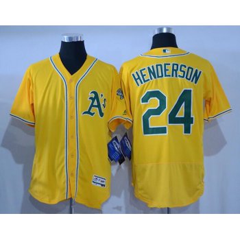 Men's Oakland Athletics #24 Rickey Henderson Retired Yellow Stitched MLB 2016 Majestic Flex Base Jersey