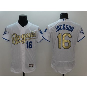 Men's Kansas City Royals #16 Bo Jackson Retired Majestic White World Series Champions Gold Program FlexBase Player Jersey