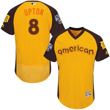 Justin Upton Gold 2016 All-Star Jersey - Men's American League Detroit Tigers #8 Flex Base Majestic MLB Collection Jersey