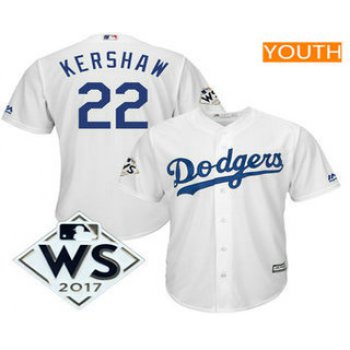 Youth Los Angeles Dodgers Clayton Kershaw Majestic White 2017 World Series Patch Cool Base Player Jersey