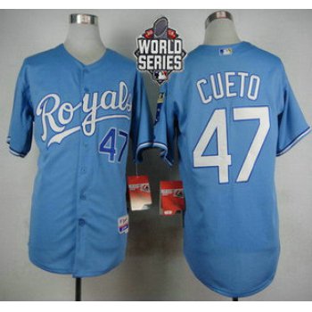 Men's Kansas City Royals #47 Johnny Cueto Light Blue Alternate Baseball Jersey With 2015 World Series Patch