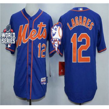 Men's New York Mets #12 Juan Lagares Royal Blue Orange Cool Base Jersey with World Series Participant