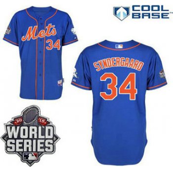 New York Mets Authentic #34 Noah Syndergaard Alternate Home Blue Orange Jersey with 2015 World Series Patch