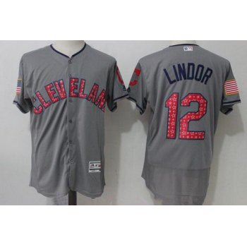 Men's Cleveland Indians #12 Francisco Lindor Gray 2017 Stars & Stripes Stitched MLB Majestic Flex Base Jersey