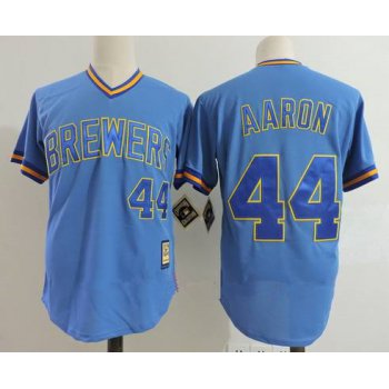Men's Milwaukee Brewers #44 Hank Aaron Light Blue Pullover Throwback Cooperstown Collection Stitched MLB Mitchell & Ness Jersey