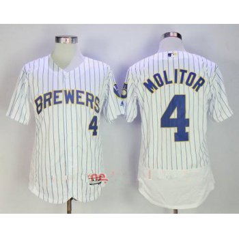 Men's Milwaukee Brewers #4 Paul Molitor Retired White Pinstripe Stitched MLB Majestic Flex Base Jersey