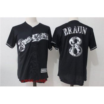 Men's Milwaukee Brewers #8 Ryan Braun Black Team Logo Ornamented Stitched MLB Majestic Cool Base Jersey
