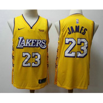Men's Los Angeles Lakers #23 LeBron James Yellow 2020 Nike City Edition Swingman Jersey With The Sponsor Logo