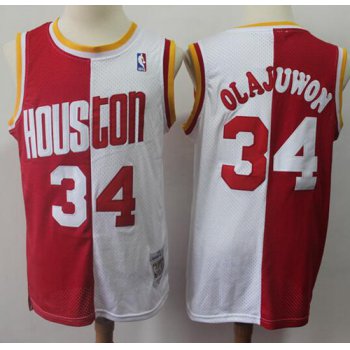 Split Fashion Rockets #34 Hakeem Olajuwon Red White Stitched Basketball Jersey