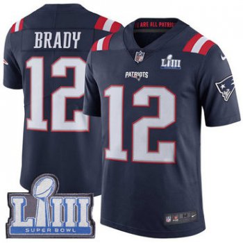 Youth New England Patriots #12 Tom Brady Navy Blue Nike NFL Rush Vapor Untouchable Super Bowl LIII Bound Limited Jersey