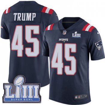 #45 Limited Donald Trump Navy Blue Nike NFL Youth Jersey New England Patriots Rush Vapor Untouchable Super Bowl LIII Bound