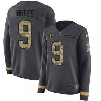 Nike Saints #9 Drew Brees Anthracite Salute to Service Men's Stitched NFL Limited Therma Long Sleeve Jersey