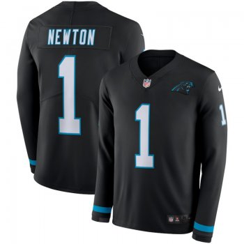 Men Carolina Panthers 1 Cam Newton black Nike Therma Long Sleeve Jersey