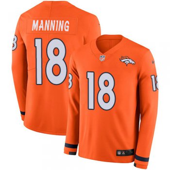 Nike Broncos 18 Peyton Manning Orange Team Color Men's Stitched NFL Limited Therma Long Sleeve Jersey