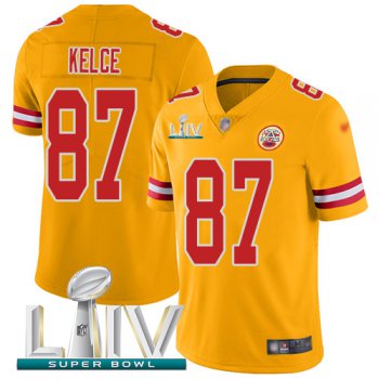 Nike Chiefs #87 Travis Kelce Gold Super Bowl LIV 2020 Youth Stitched NFL Limited Inverted Legend Jersey