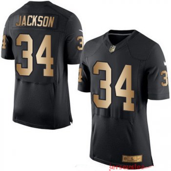 Men's Oakland Raiders #34 Bo Jackson Black With Gold Stitched NFL Nike Elite Jersey