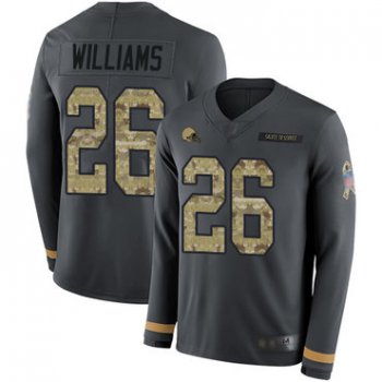 Browns #26 Greedy Williams Anthracite Salute to Service Men's Stitched Football Limited Therma Long Sleeve Jersey